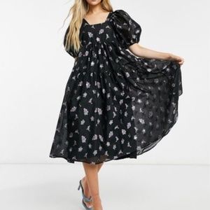 Dream Sister Jane Midi Smock dress with Puff Sleeves in Floral Organza